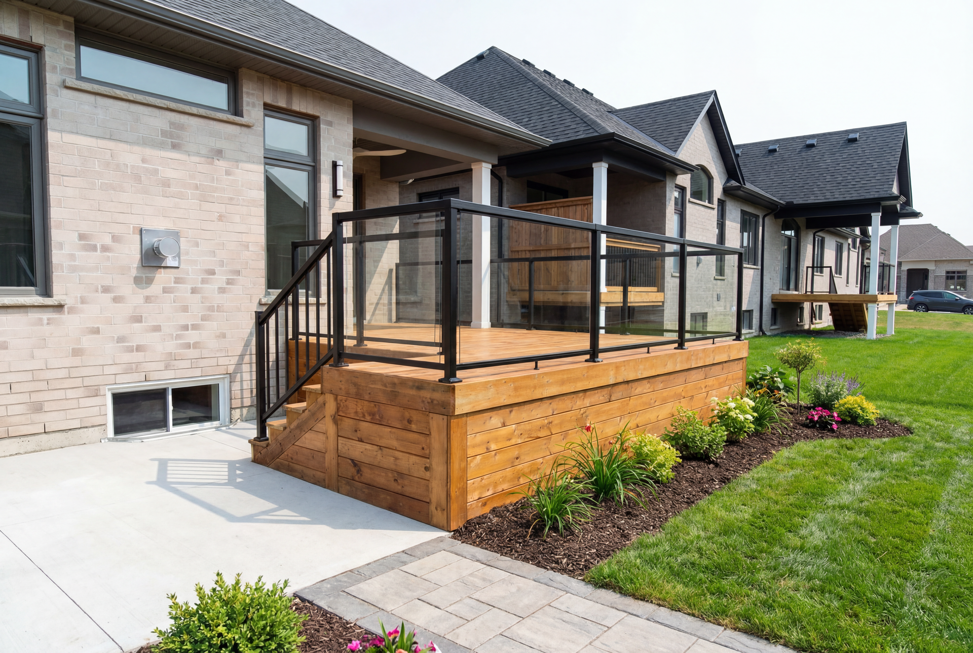 A wooden deck with a metal railing is being built in front of a house.