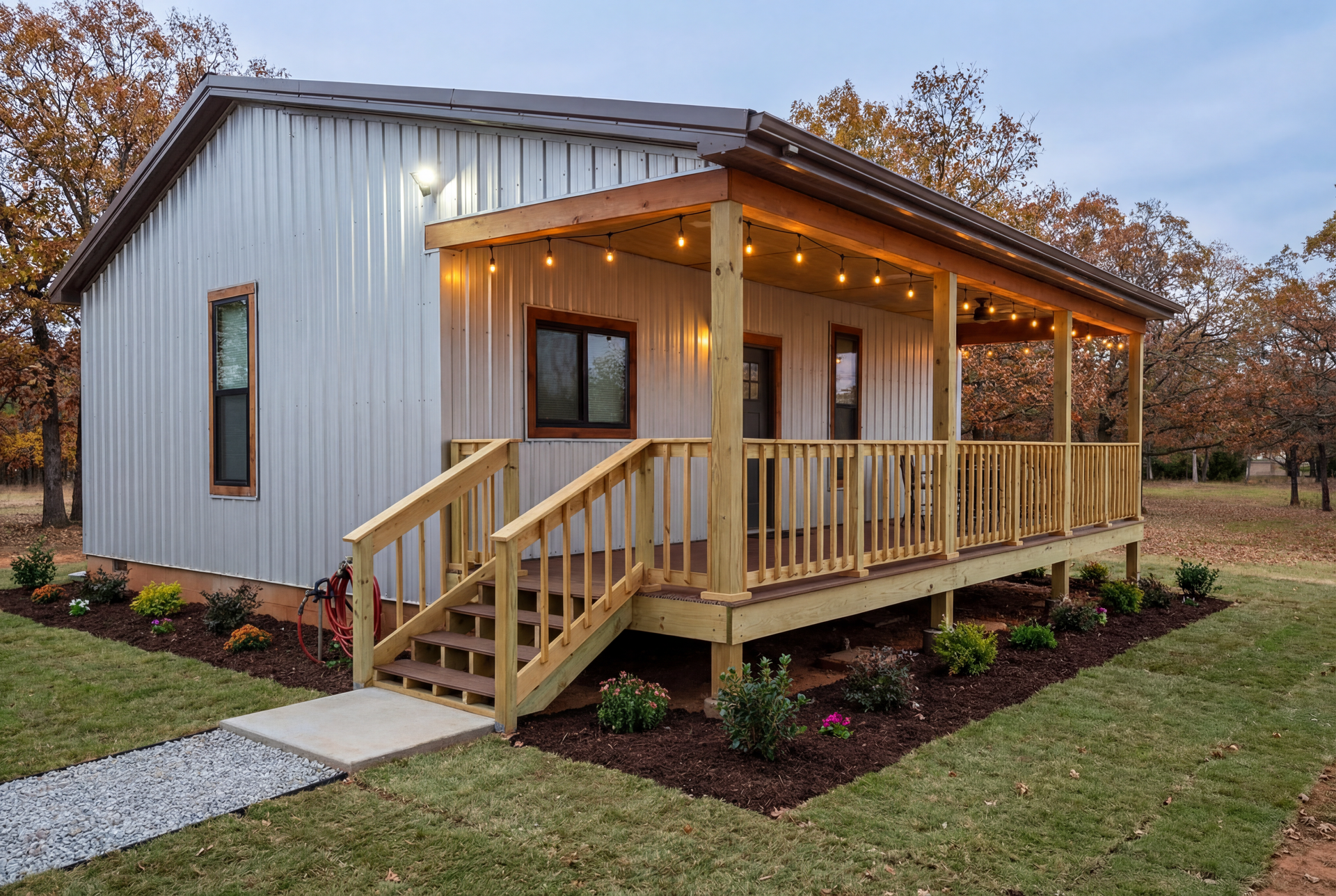 A white house with a wooden porch and stairs