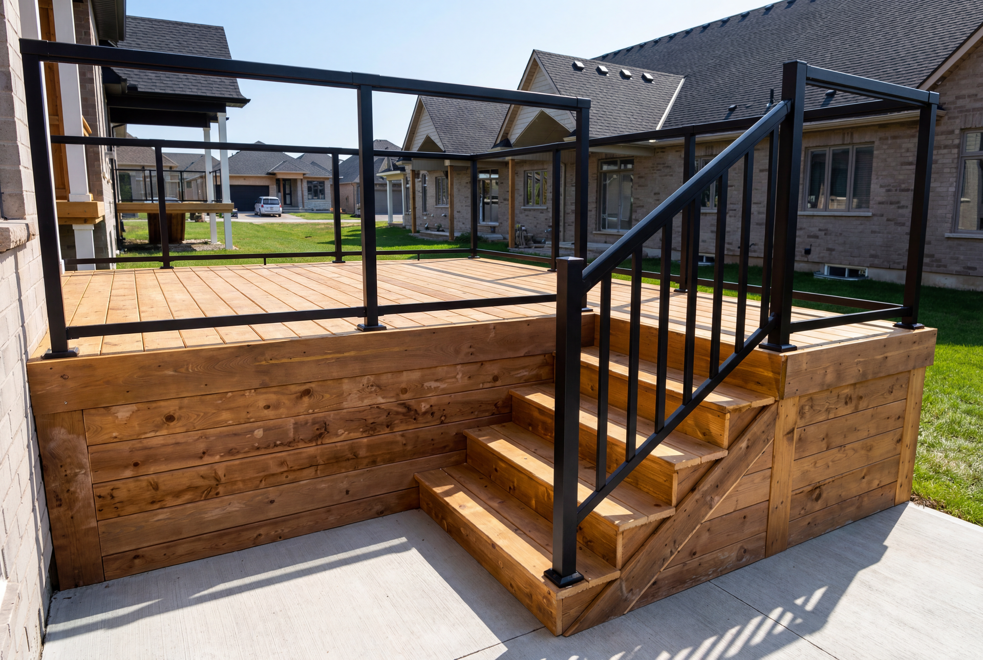 A wooden deck with stairs and a metal railing.