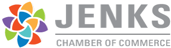 Jenks Chamber of Commerce logo with multicolored flower icon and gray text