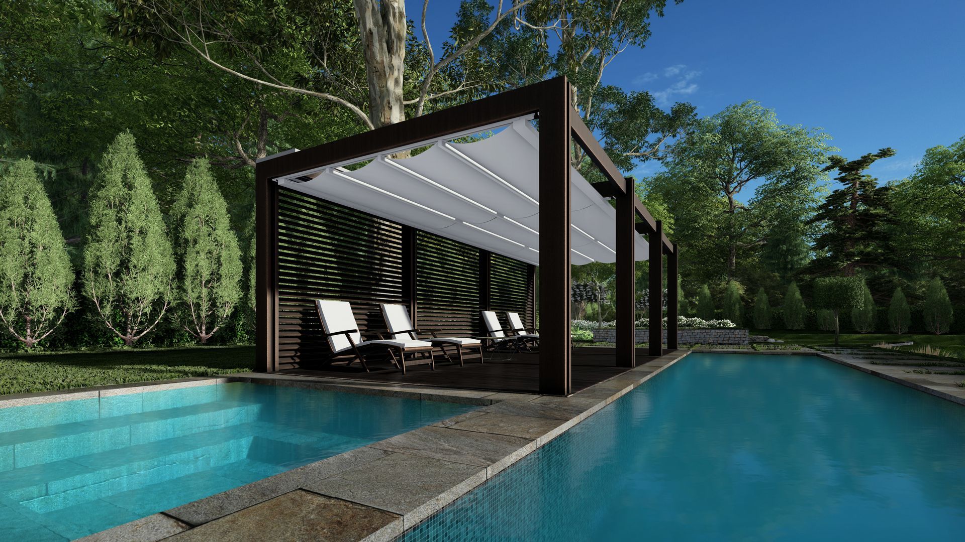 A swimming pool with a pergola and chairs next to it.