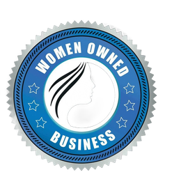 Blue seal logo reading “Women Owned Business” with a woman’s profile silhouette in the center