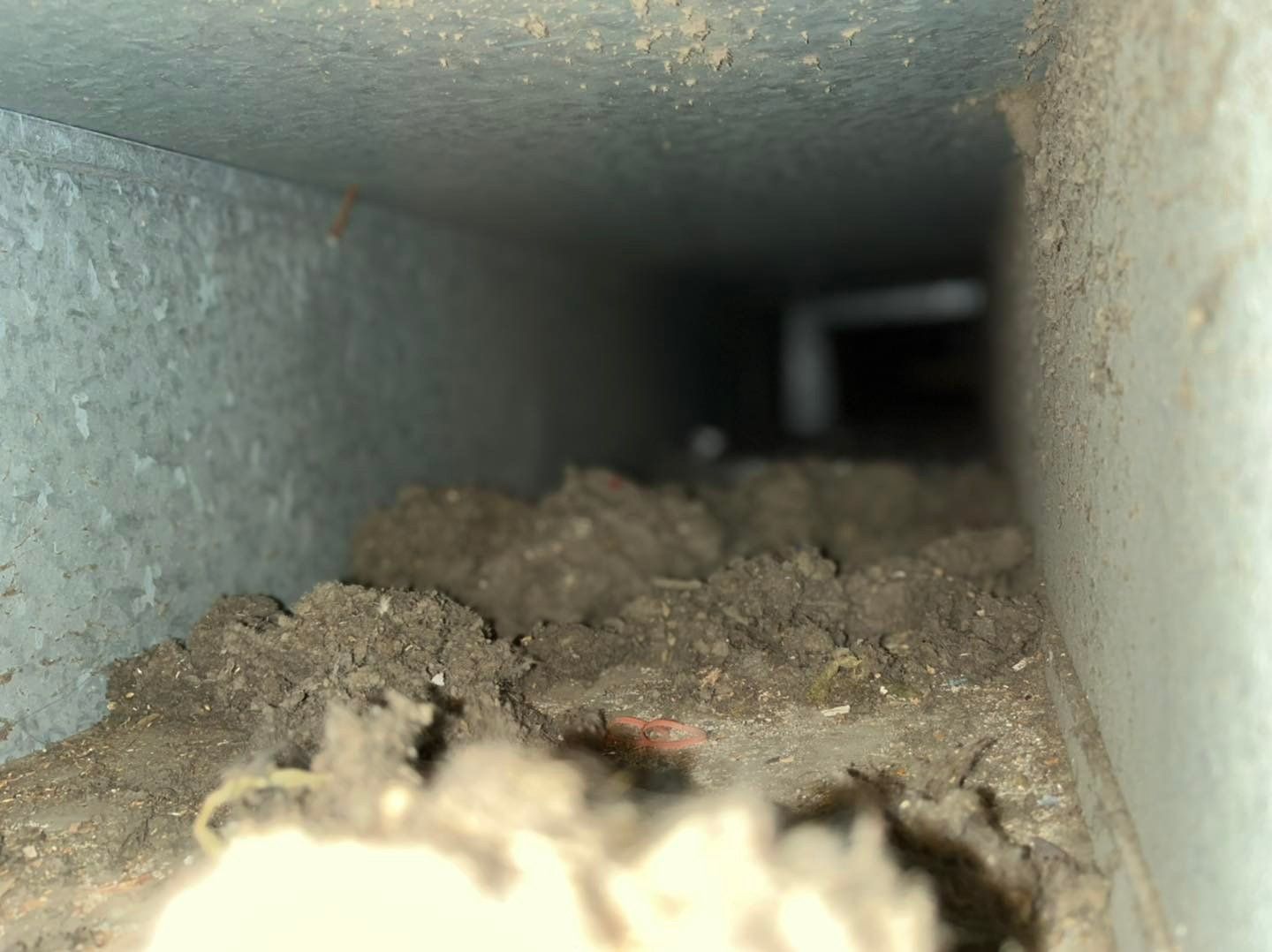 Intérieur du conduit de ventilation poussiéreux avec accumulation de débris.