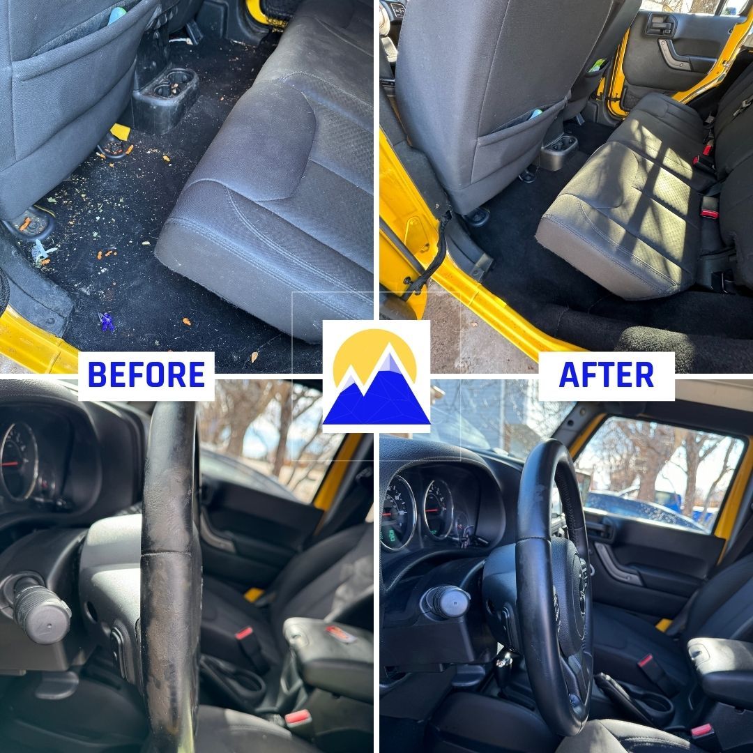 A before and after picture of the interior of a car