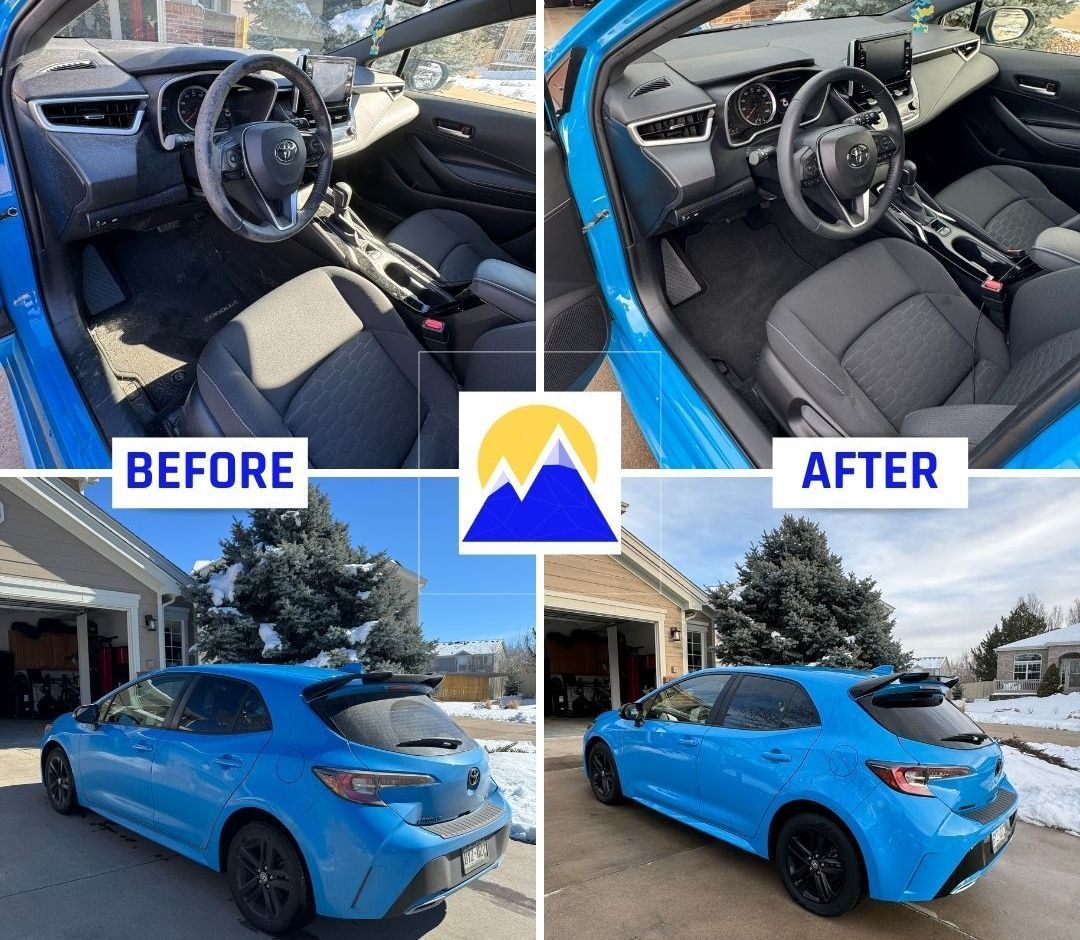 A blue car is shown before and after being cleaned.