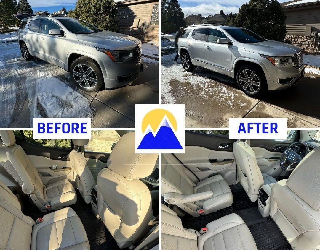 A before and after photo of a silver suv in the snow.