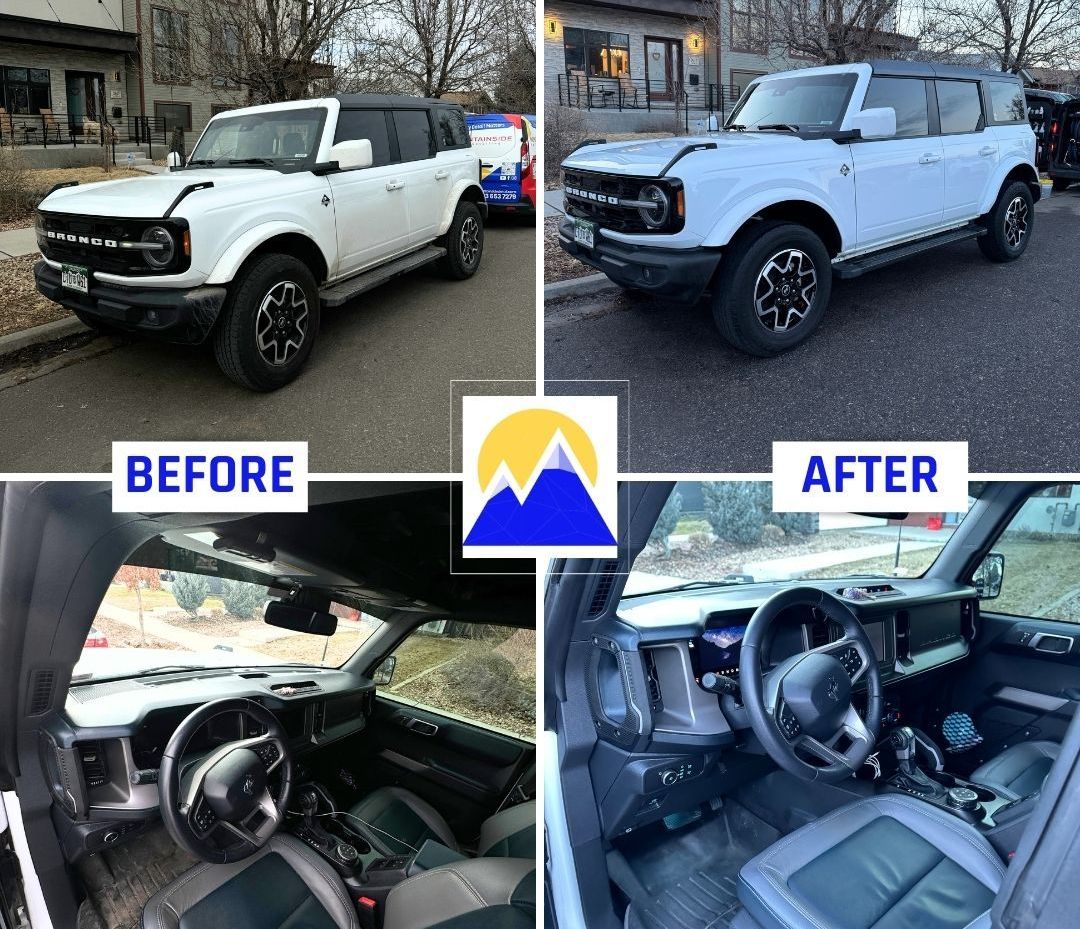 A before and after photo of a white ford bronco
