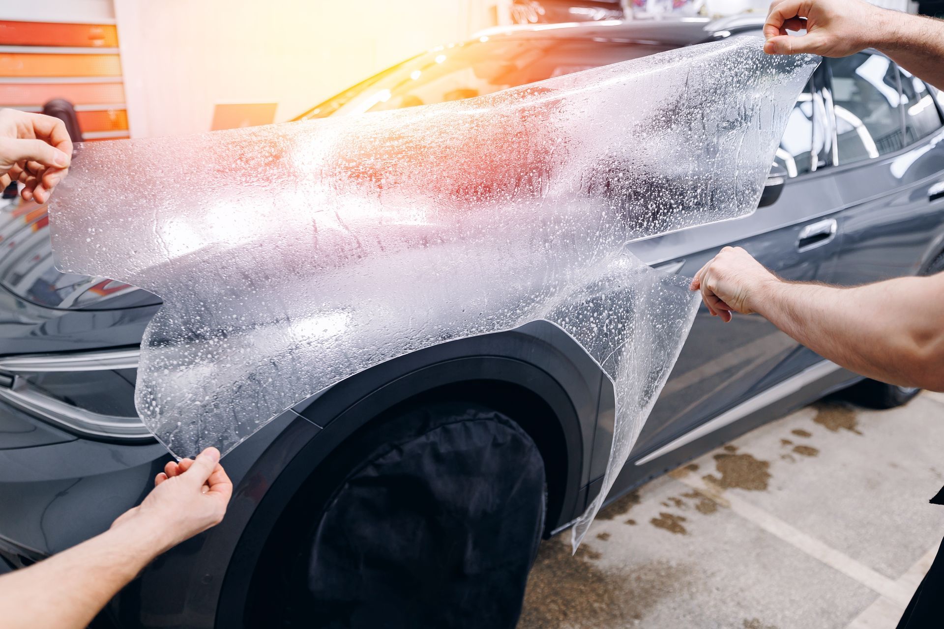 Two people applying clear protective film to a gray car's side panel, in a well-lit workshop.