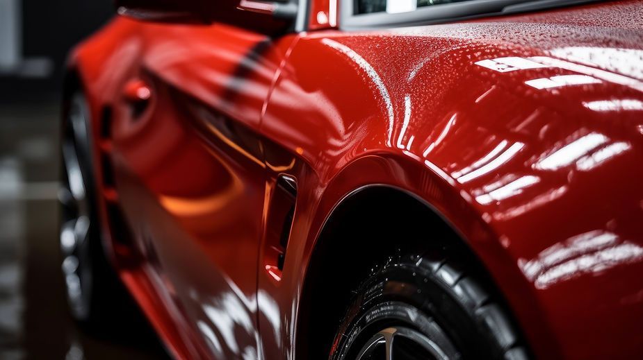 A close up of a red sports car in a garage.