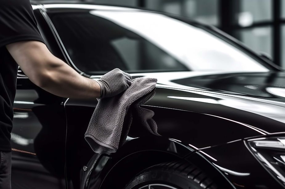 A man is cleaning a black car with a towel.