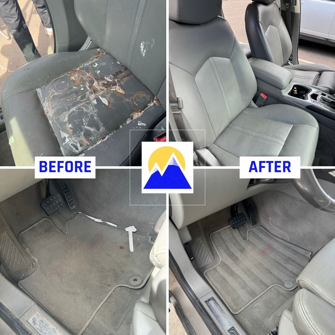Before and after car interior cleaning. Seats and floor mats show significant improvement after detailing.