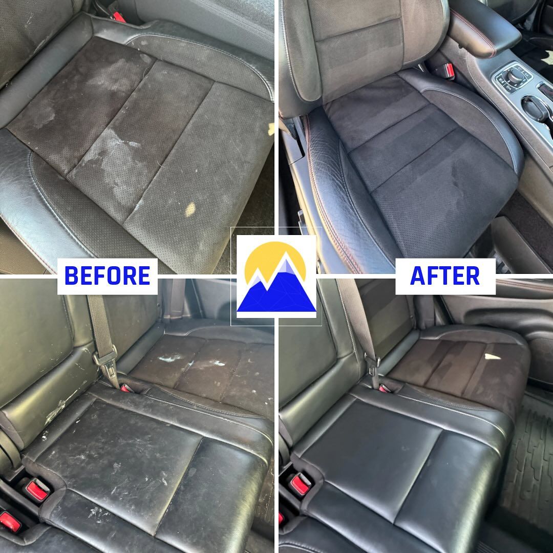 Before-and-after photos of cleaned car seats. The "before" shows stained seats; the "after" shows clean, black seats.