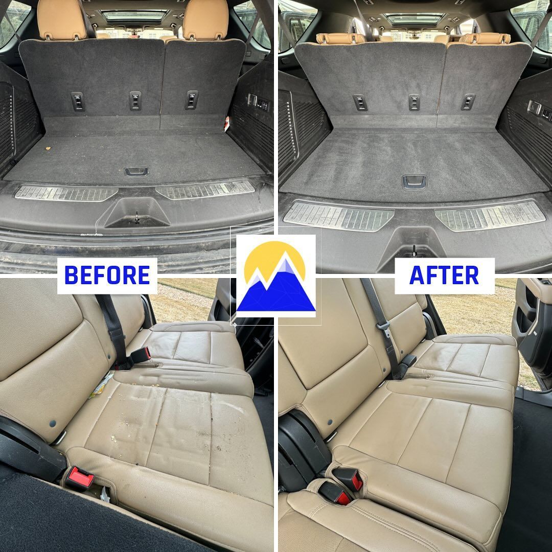 Before-and-after car interior cleaning. Trunk and seats visibly cleaner after professional detailing.