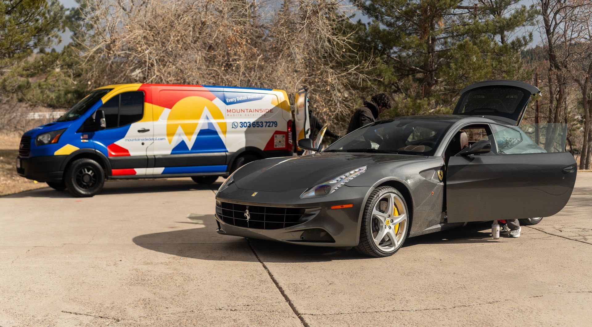 Gray sports car with open door beside a colorful service van on a sunny roadside