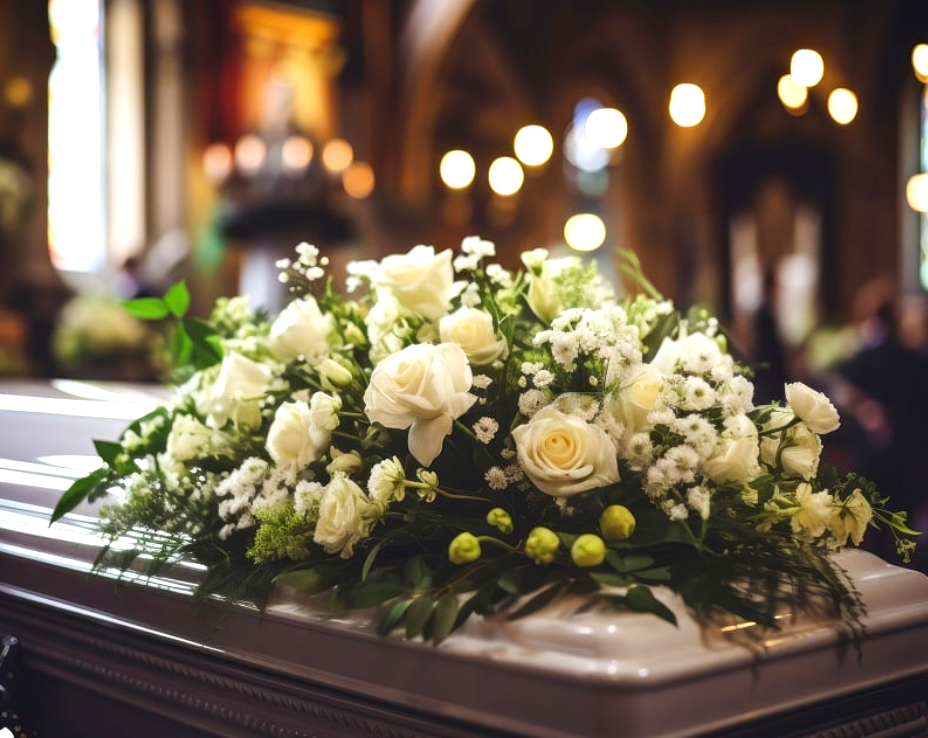 White roses and greenery on a closed casket in a church. Soft focus.