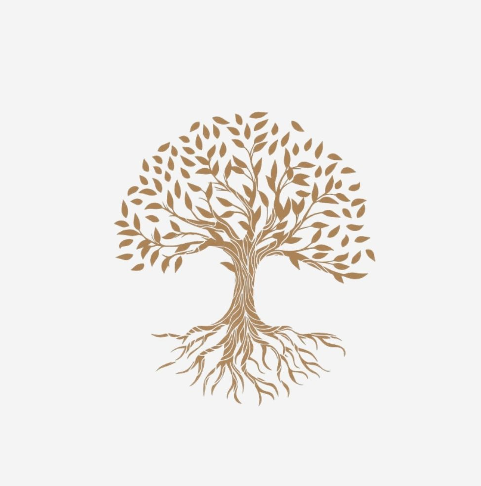 Brown illustration of a tree with leaves, branches, and roots.