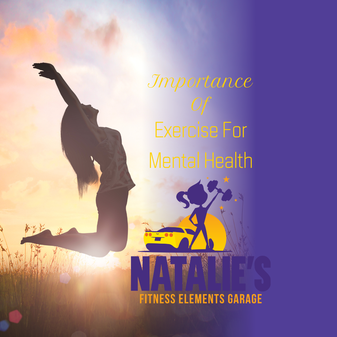 Silhouette of a person jumping at sunset beside text about exercise for mental health and Natalie’s Fitness Elements Garage