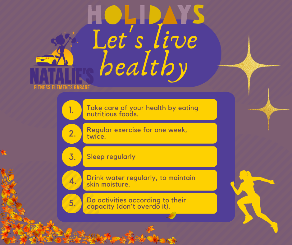 Purple holiday wellness poster with “Let’s live healthy” tips for exercise, sleep, drinking water, and self-care