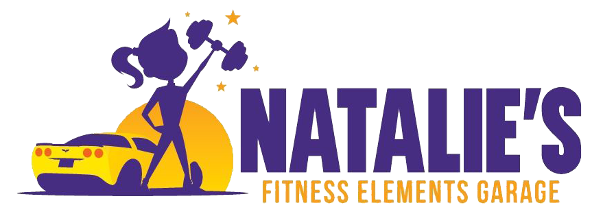 Natalies Fitness Elements Garage Logo for Natalie’s Fitness Elements Garage with purple silhouette lifting a dumbbell and yellow car icon