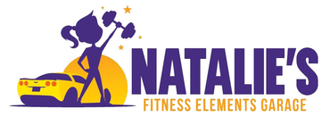Natalies Fitness Elements Garage Logo for Natalie’s Fitness Elements Garage with purple silhouette lifting a dumbbell and yellow car icon