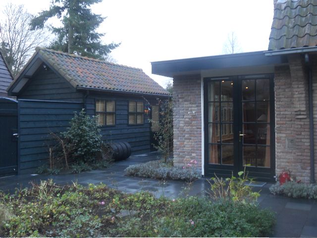 Dark blue shed with brick building, large black doors, and greenery on a patio.