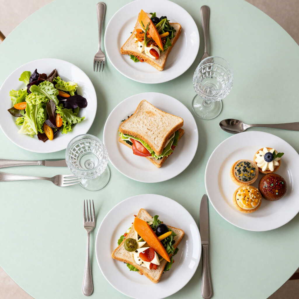 JaenetHendriksCatering| Een elegant gedekte brunchtafel met salade, sandwiches, gebak en glazen op een mintgroene tafel.