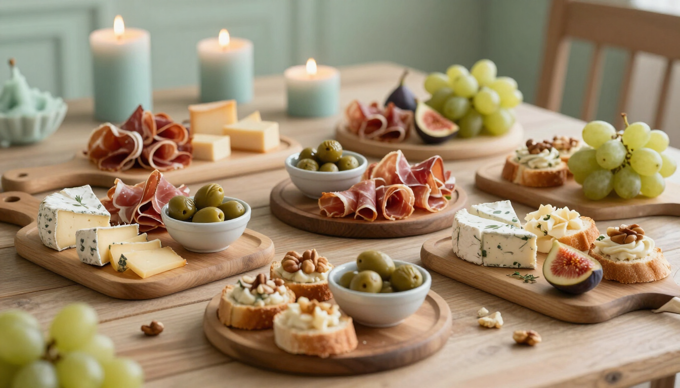 JeanetHendriksCatering| bij kaarslicht met kaas, druiven, olijven, vijgen en crackers op een houten tafel.