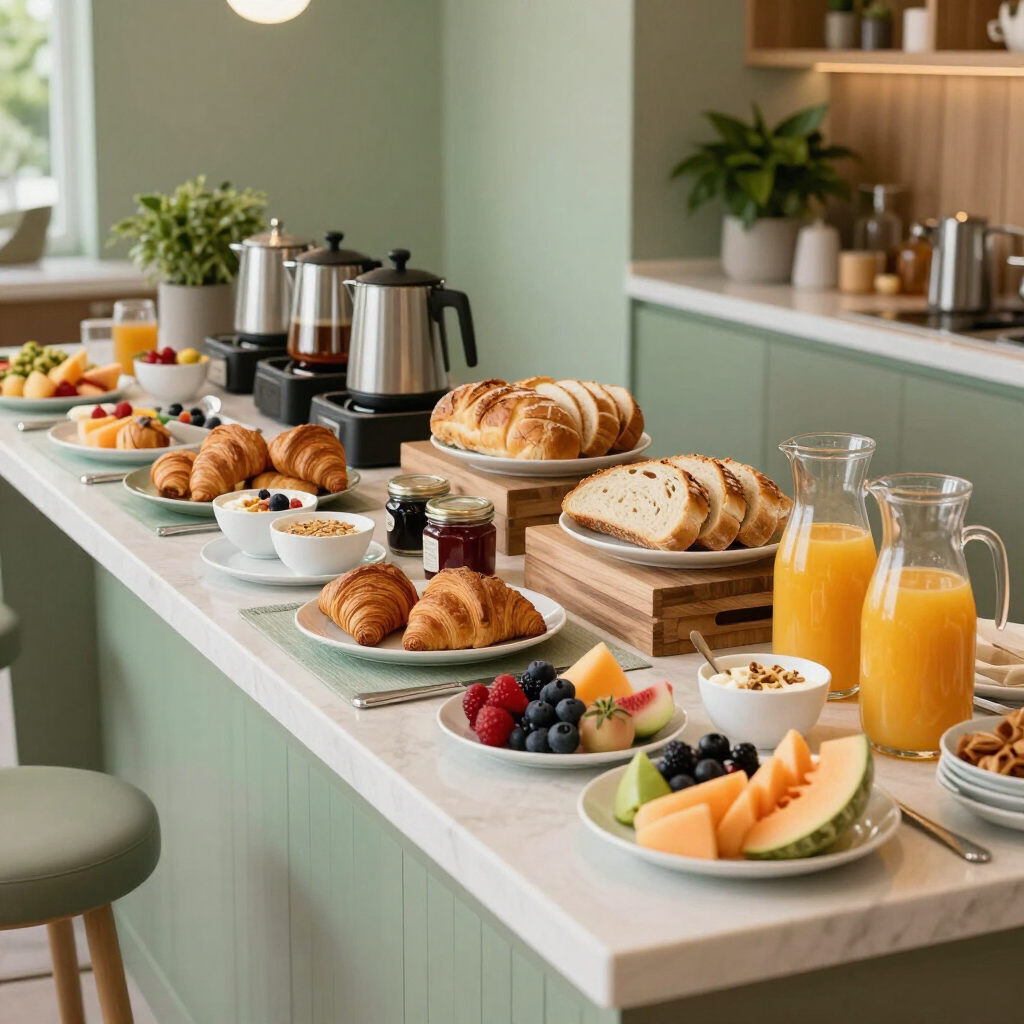 JaenetHendriksCatering| Ontbijtbuffet op een kookeiland met gebak, fruit, muesli, koffie en sinaasappelsap.