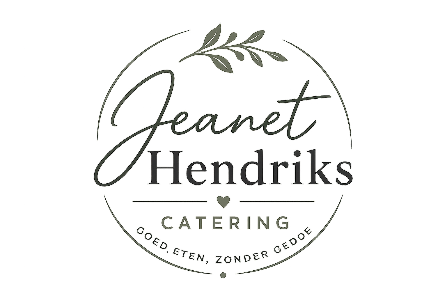 Het logo van Jeanet Hendriks Catering in zwart schrift met een olijftak en een klein hartje op een witte achtergrond.
