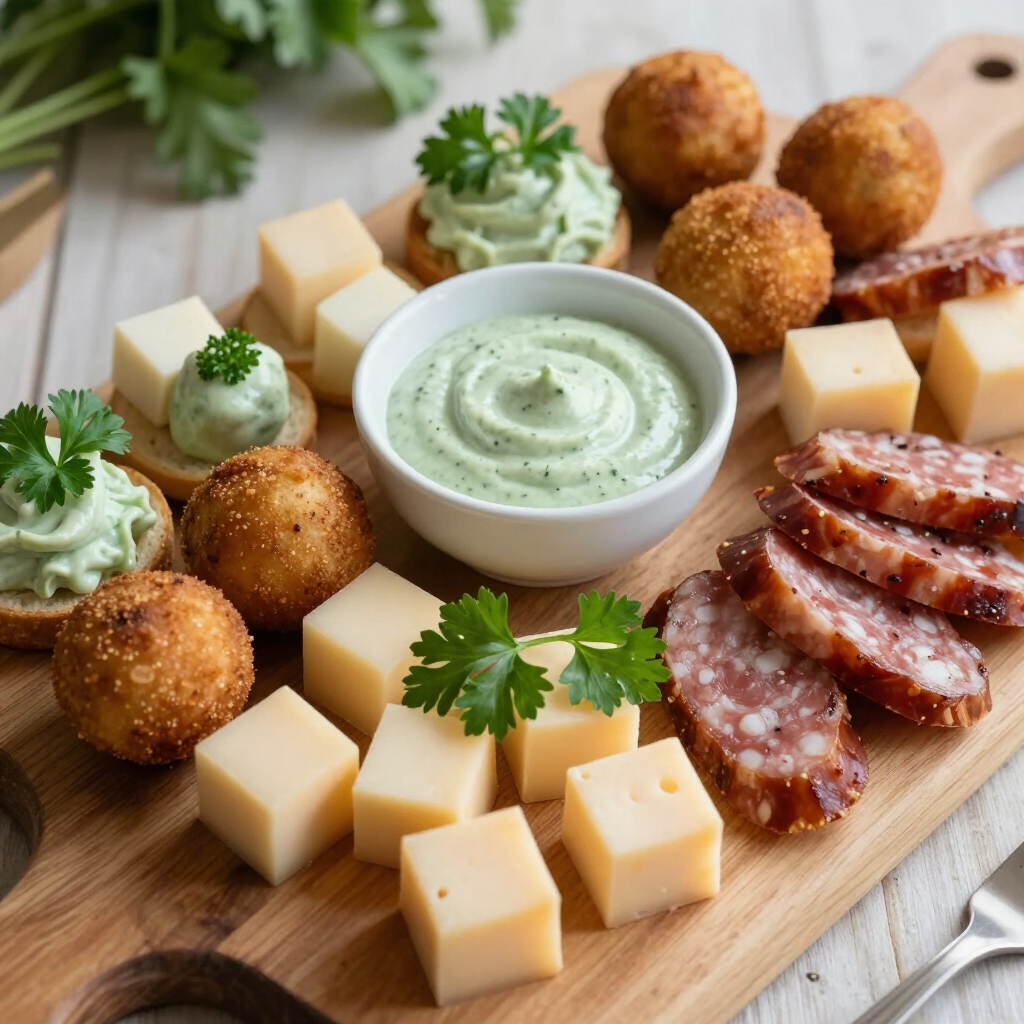 JaenetHendriksCatering| Charcuterieplank met kaasblokjes, gefrituurde hapjes, plakjes worst en een groene dipsaus.