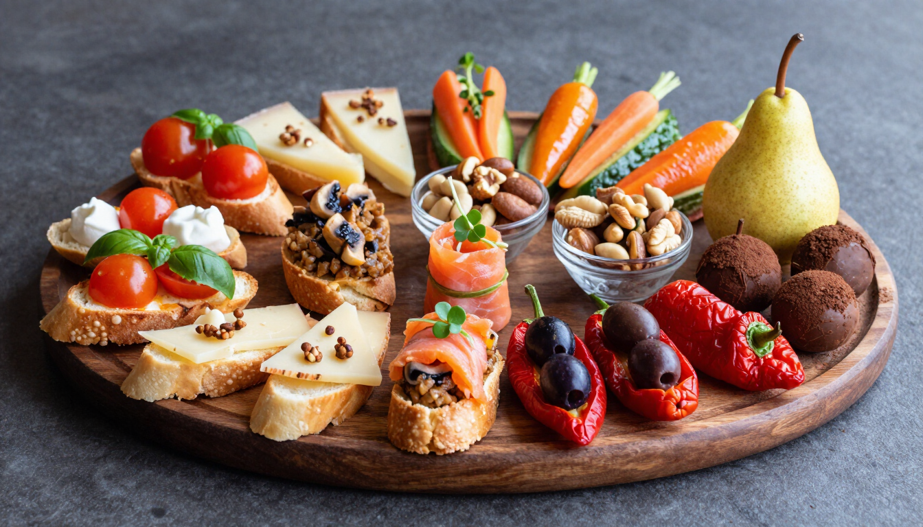 JeanetHendriksCatering|Houten schaal met diverse soorten fruit en desserthapjes zoals peren, bessen, gebak en noten.