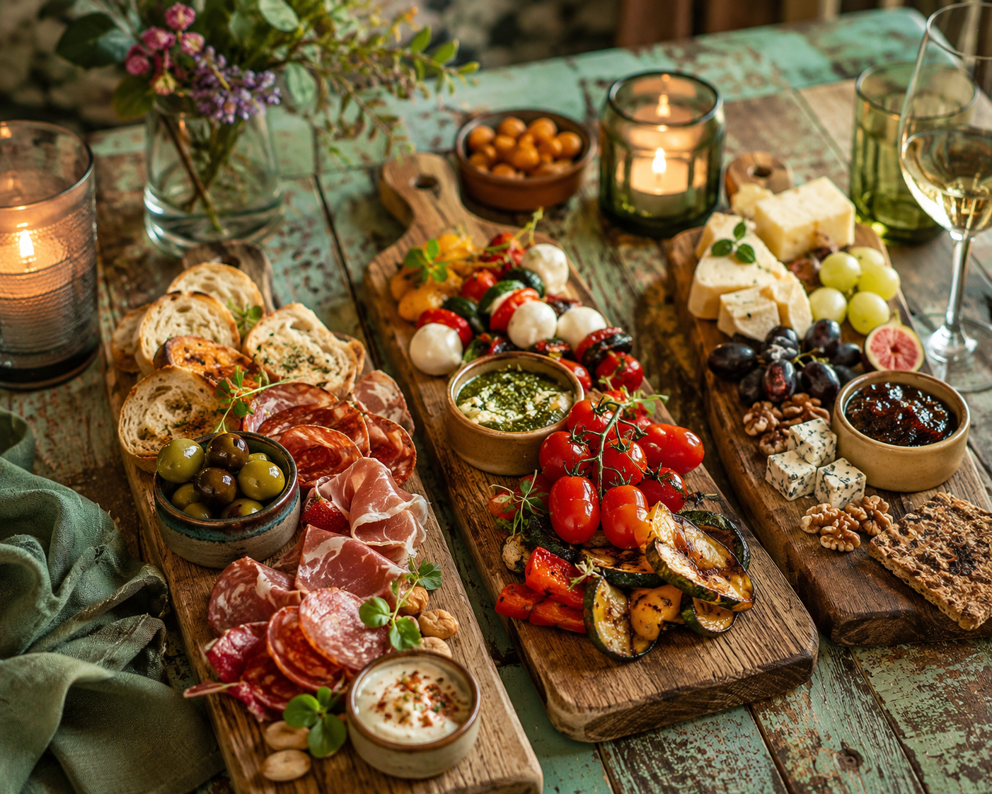 plank met charcuterieplank met kazen, vleeswaren, druiven, olijven, tomaten, brood en kaarsen op een rustieke tafel.