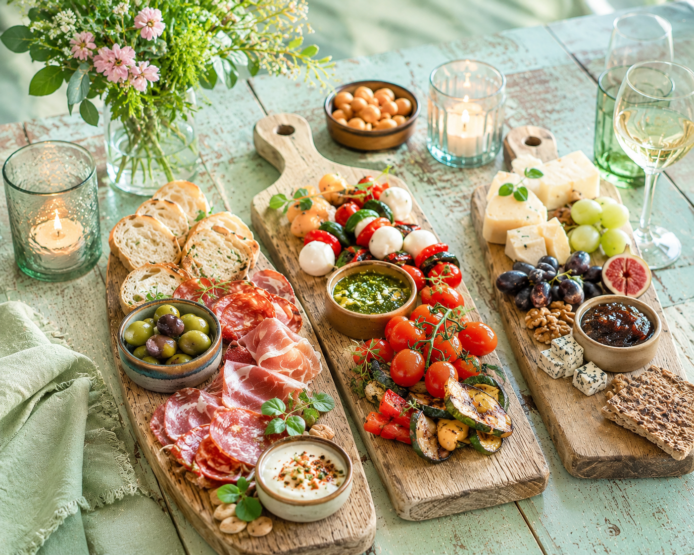 charcuterieplanken met kazen, vleeswaren, fruit en crackers op een pastelkleurige picknicktafel met kaarsen.