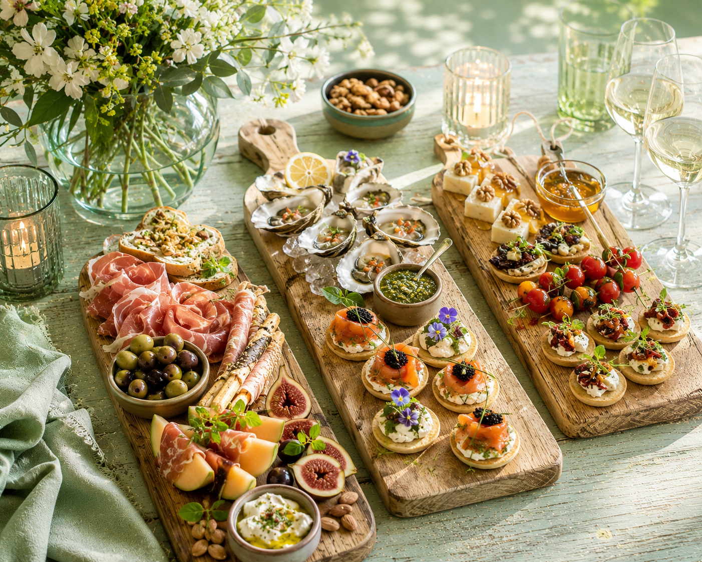 JeanetHendriksCatering charcuterieplanken met oesters, fruit, olijven, noten en honing op een tafel in het zonlicht.