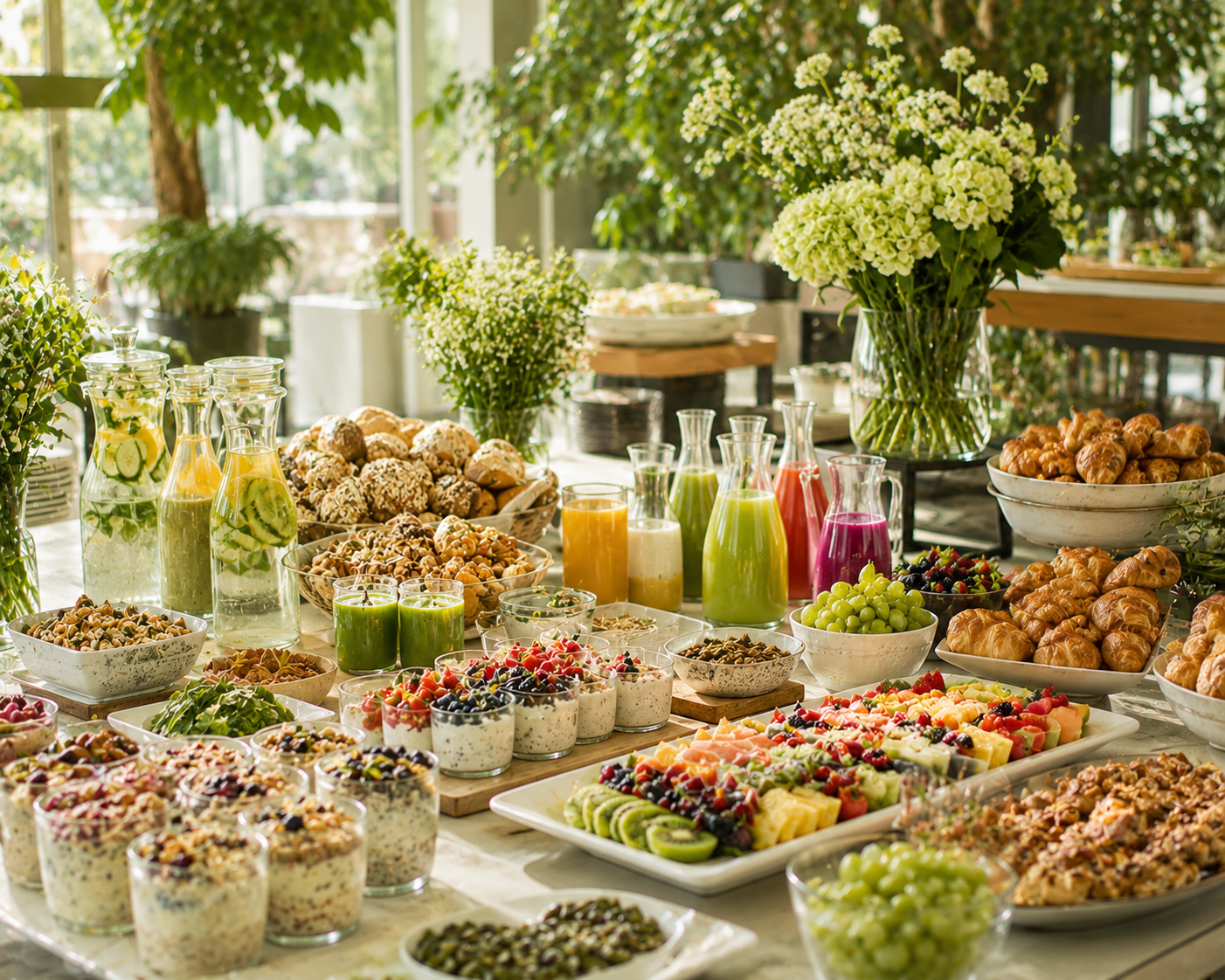 JeanetHendriksCatering| met diverse desserts, gebak, fruitsalades en kleurrijke drankjes op een gezellig tuinfeest.