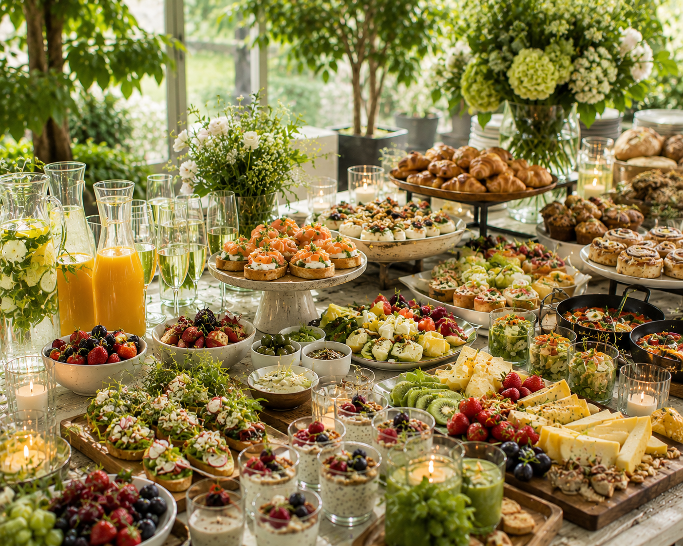 JeanetHendriksCatering| buffettafel in de buitenlucht met vers fruit, gebak, salades en drankjes in een lichte tuinomgeving.