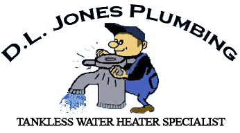 D.L. Jones Plumbing D.L. Jones Plumbing logo: Cartoon plumber with wrench on faucet, blue water flows.