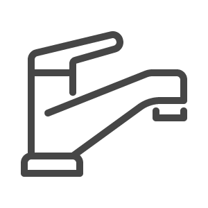 Faucet icon. Grey outline. Water flows from the spout.