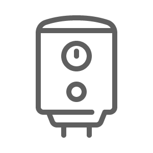Water heater icon. Gray outline of a rectangular tank with two circular controls.