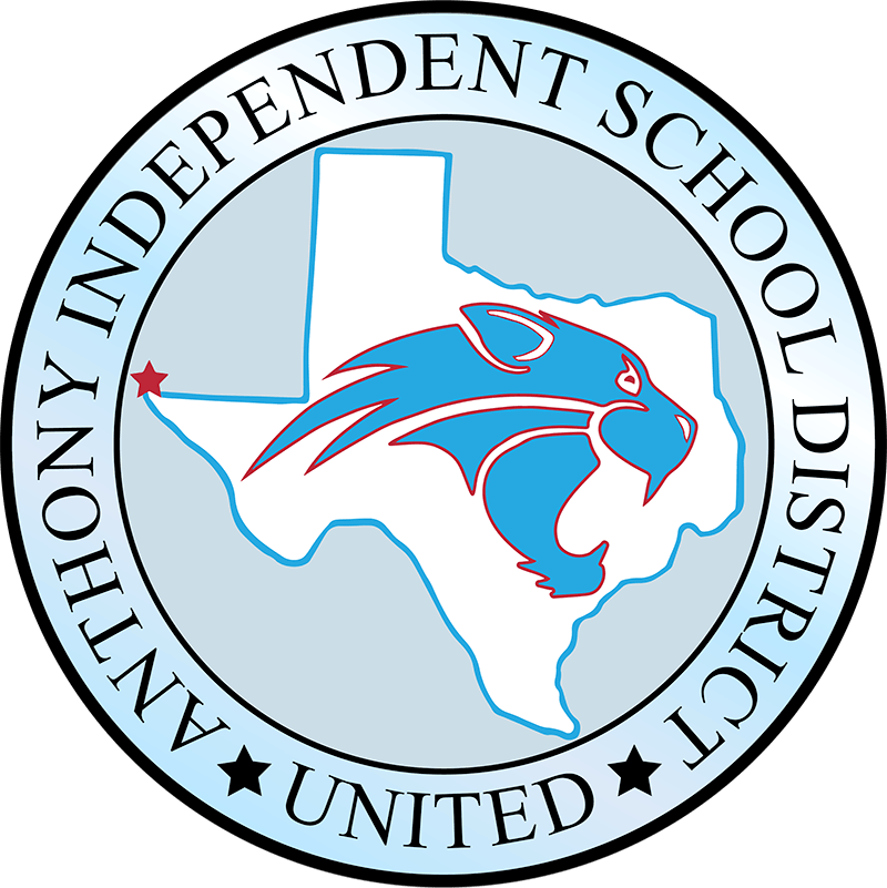 Anthony Independent School District seal with Texas outline and blue cougar logo