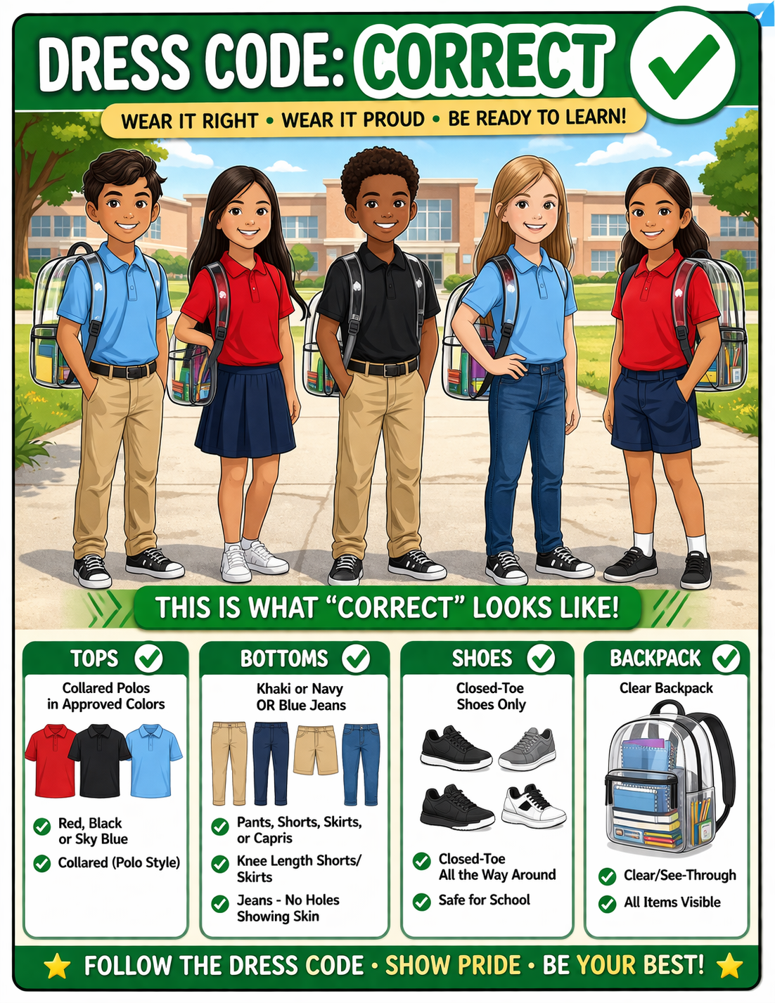 Dress code poster showing acceptable school uniforms with tops, bottoms, shoes, and backpacks.