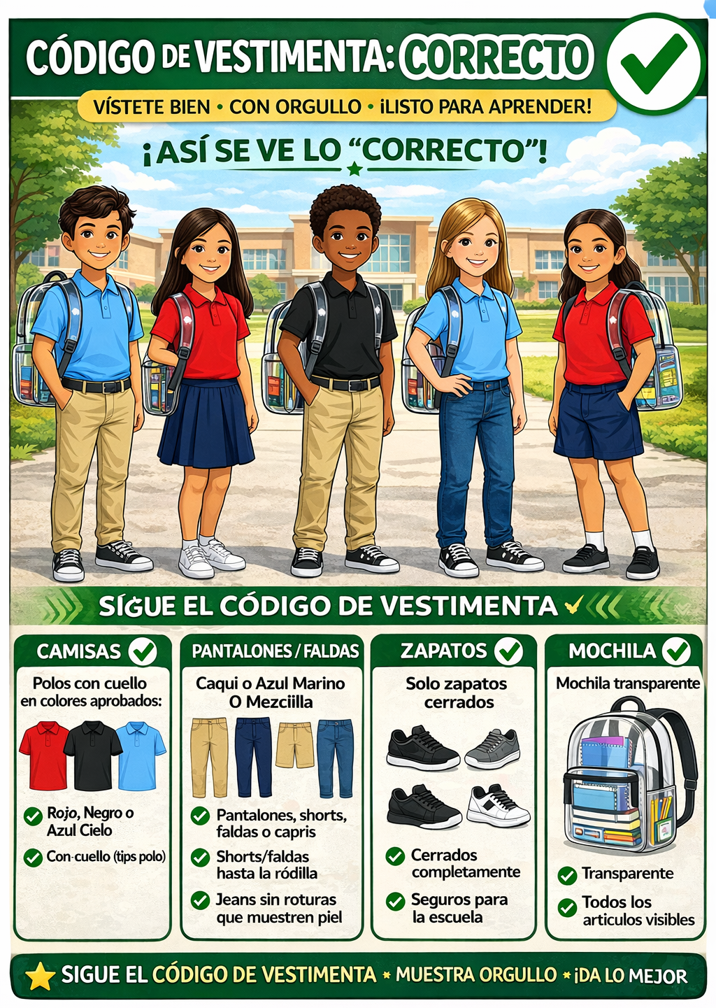 Cartel escolar verde con niños vestidos adecuadamente y reglas de vestimenta correcta.