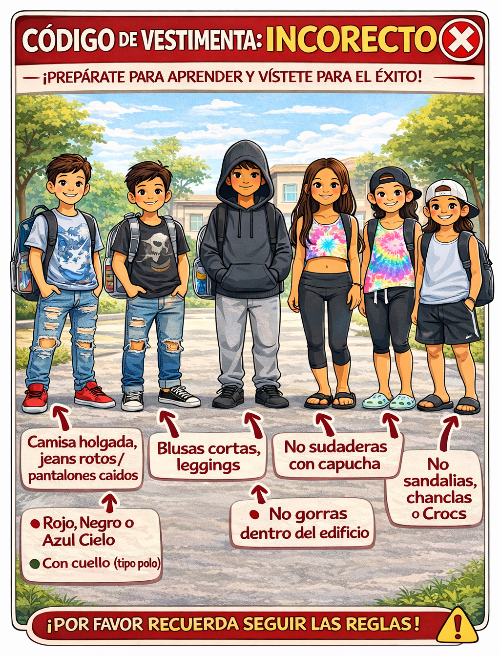 Poster showing six youths in streetwear under “CÓDIGO DE VESTIMENTA: INCORRECTO,” listing banned school outfits.