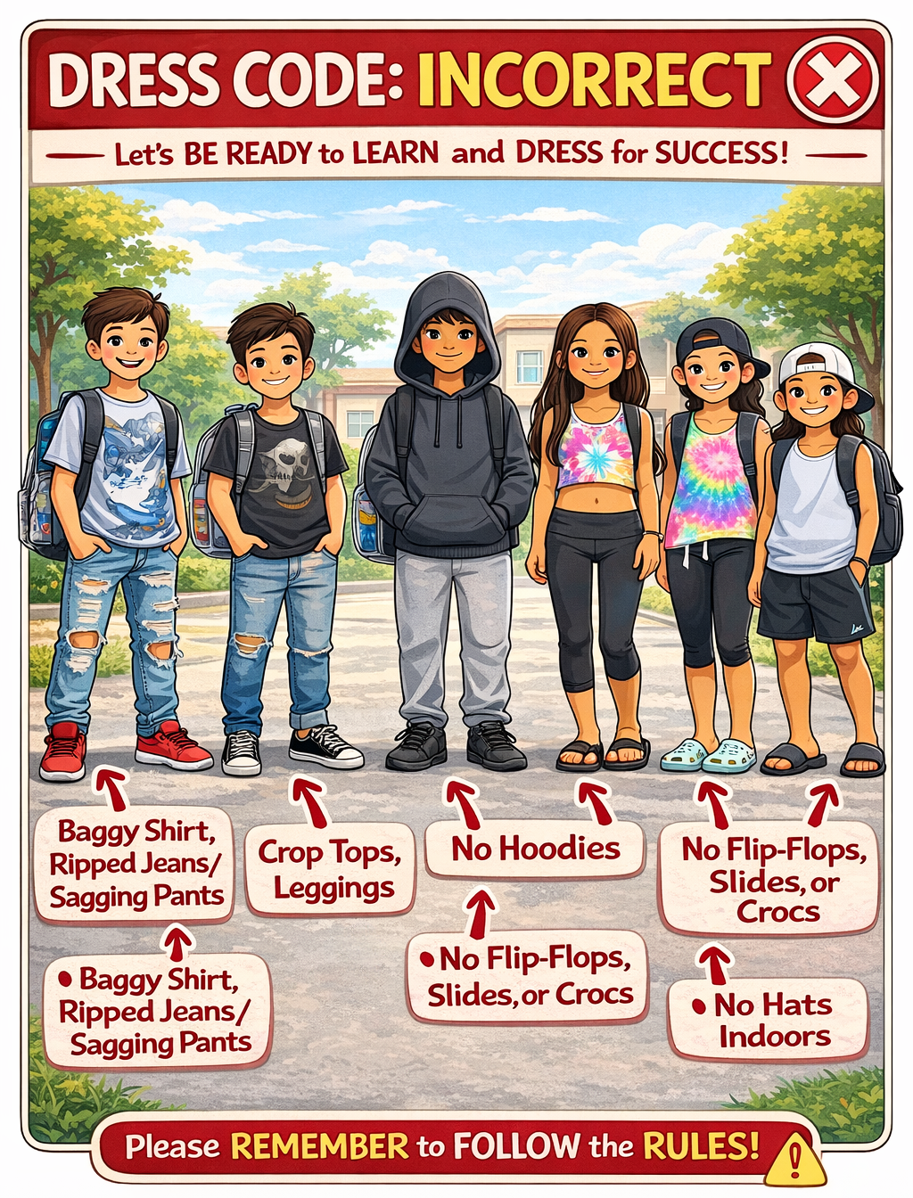 Poster showing five teens in casual outfits under “Dress Code: Incorrect” school rules warnings