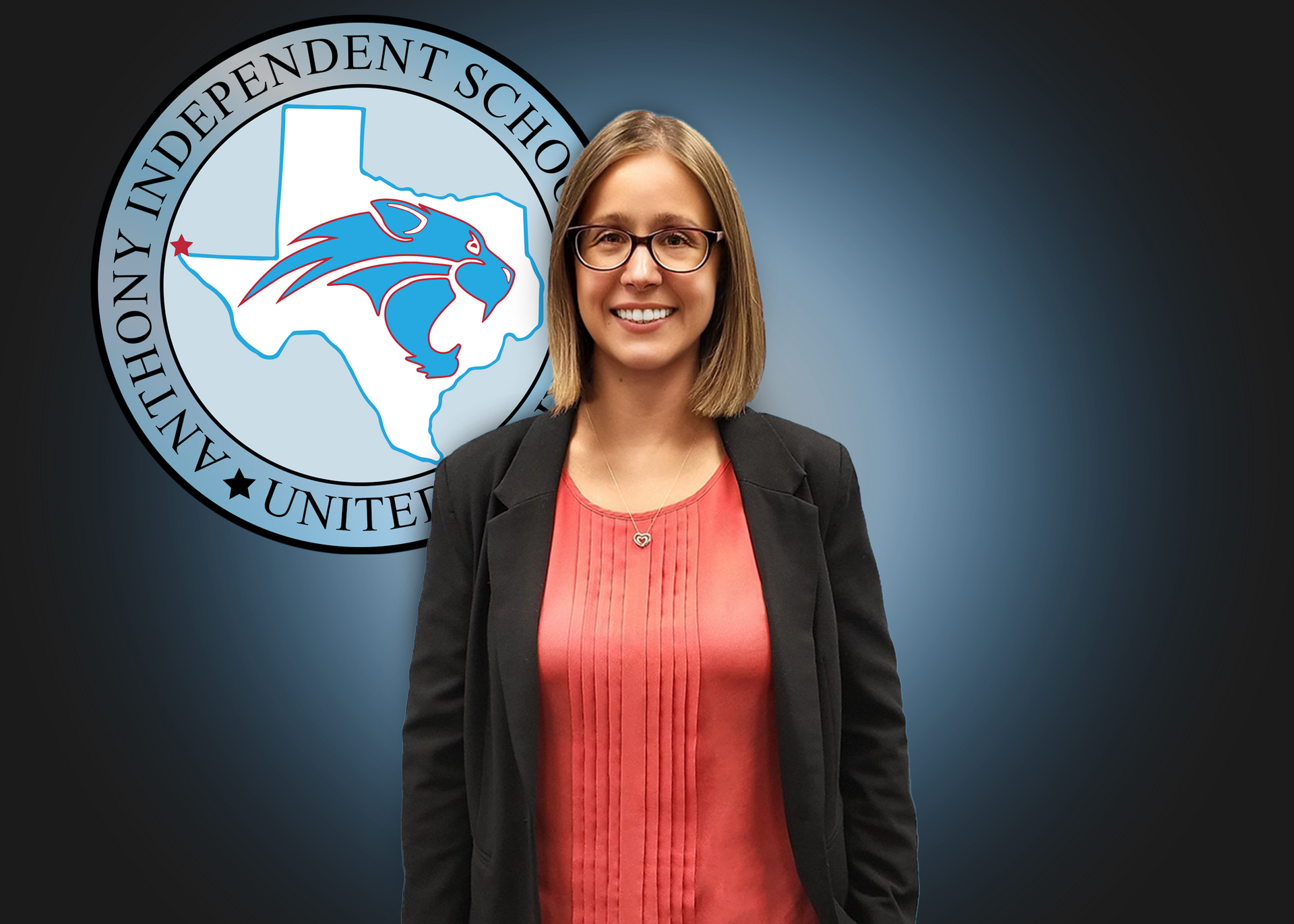 A woman is standing in front of an independent school logo