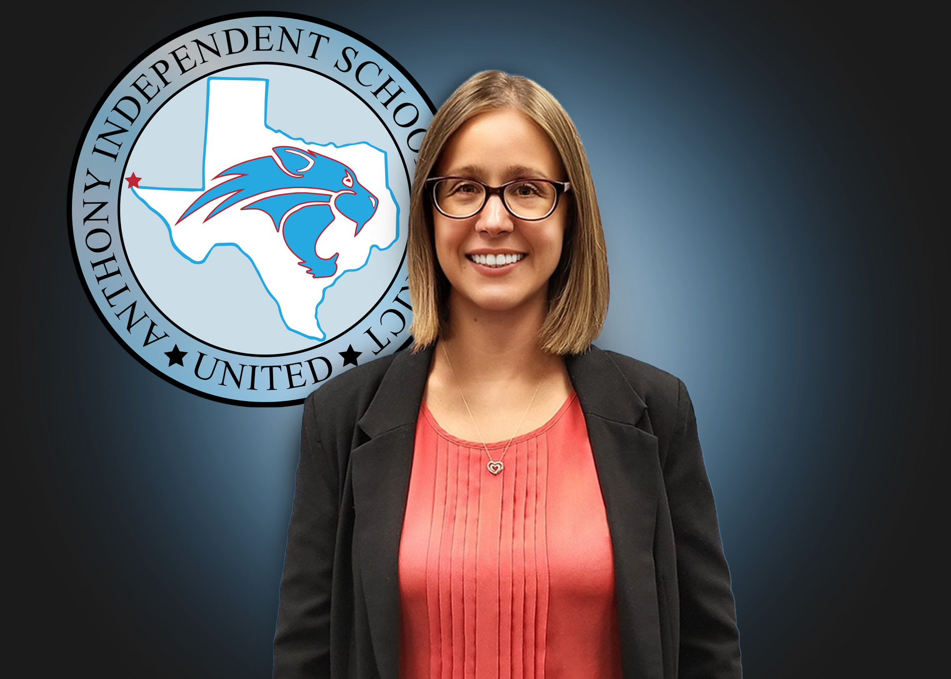 A woman stands in front of an independent school logo