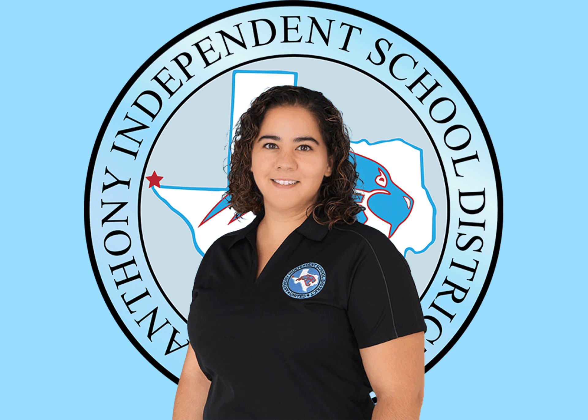 A woman is standing in front of an anthony independent school district logo