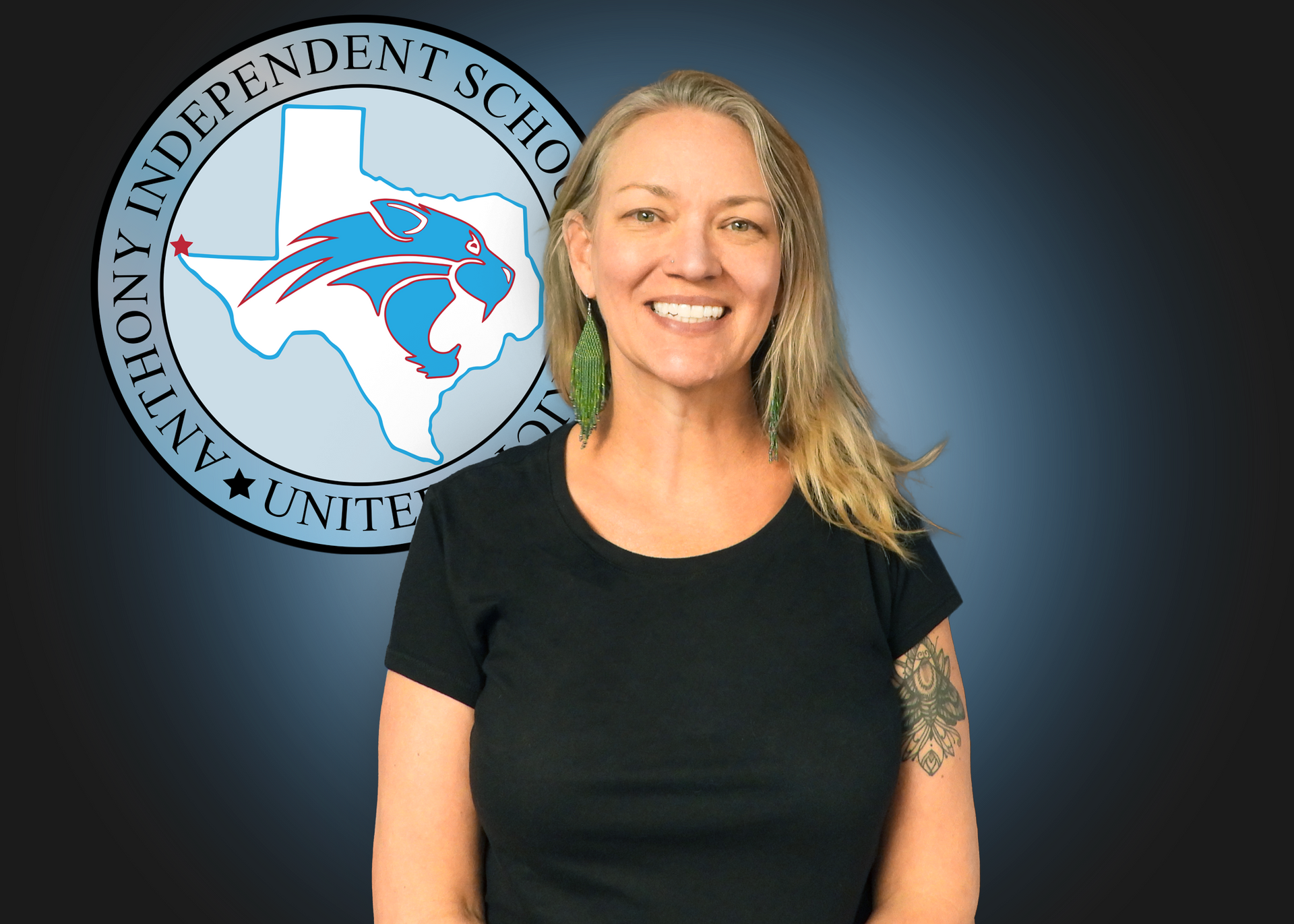 A woman is smiling in front of an independent school logo