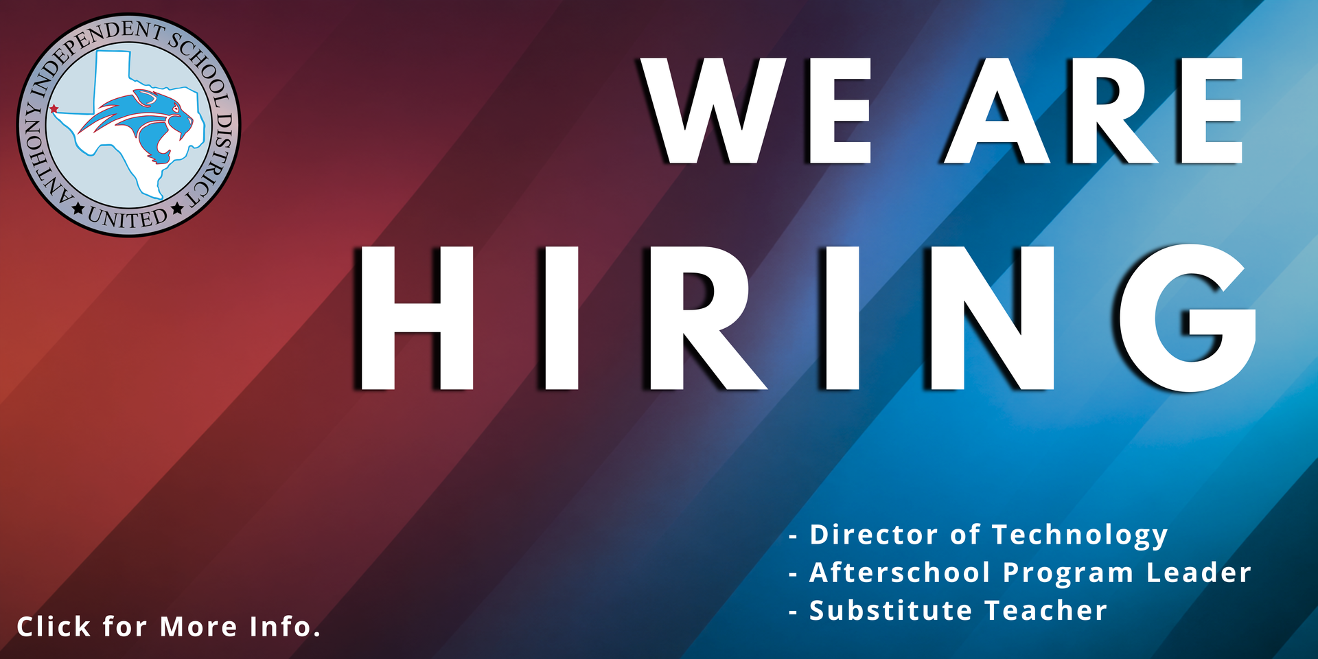 “We are hiring” poster with school staff openings on a red and black background