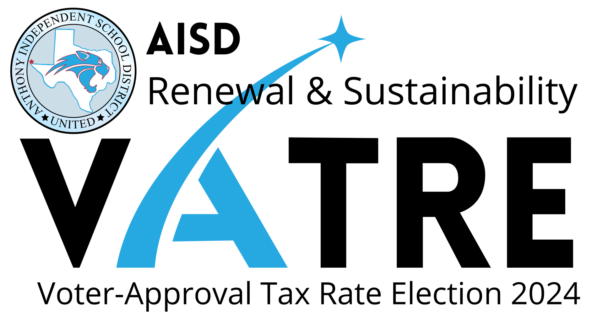 AISD Renewal & Sustainability VATRE 2024 logo in black, blue, and gray with a school seal